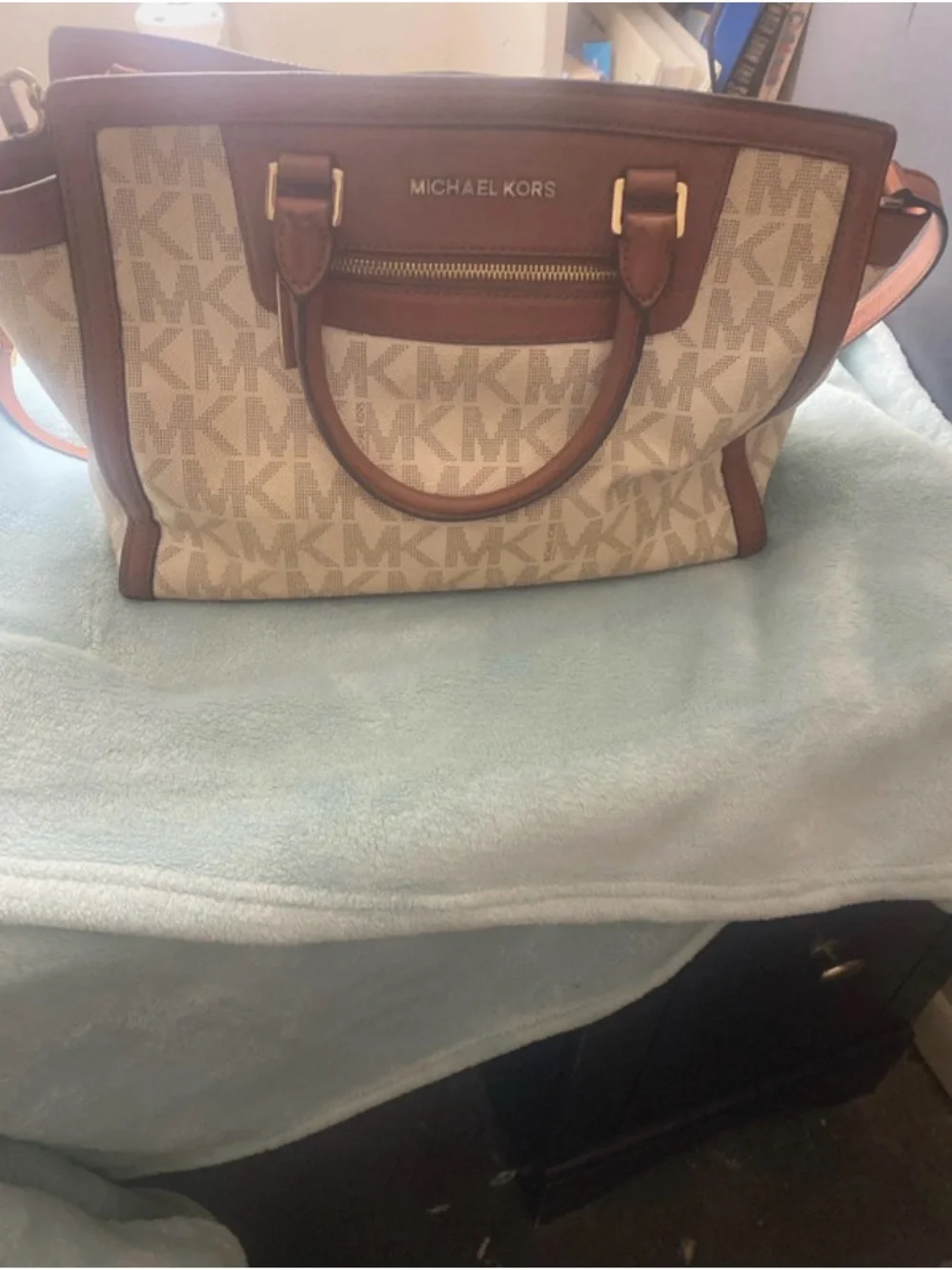 Michael Kors Beige Canvas and Brown Leather Satchel